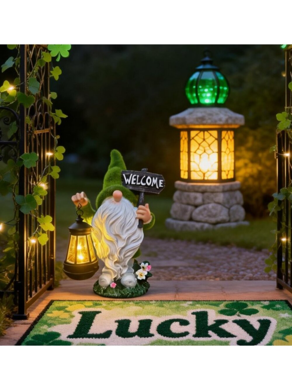 St. Patrick's Day Gnome Statue - Solar Welcome Decor for Front Door & Yard
